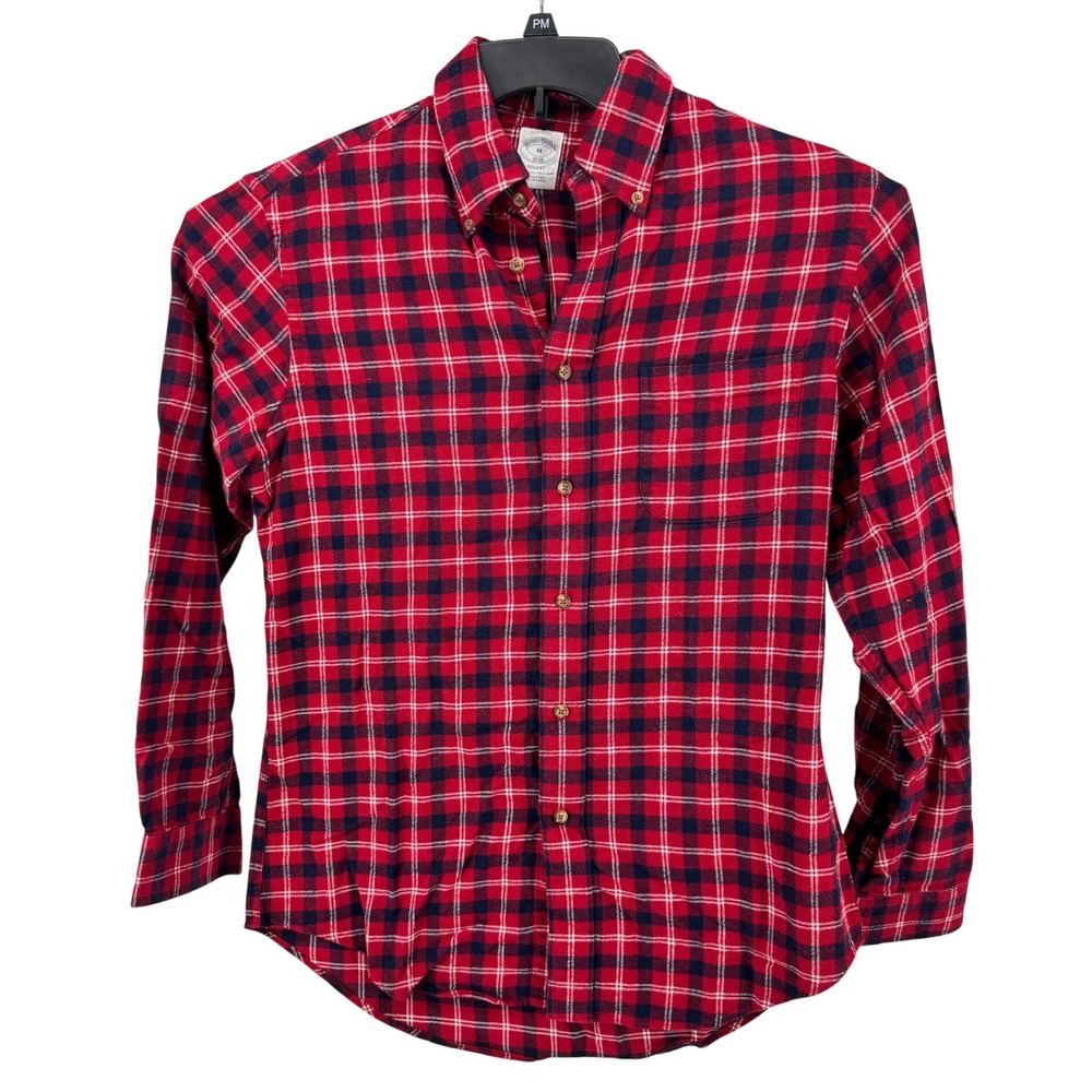 Brooks Brothers Flannel Shirt Medium Regent Mens Red Navy Blue Plaid Cotton